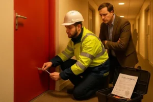 Fire Safety official inspecting door. Fire Risk Assessment in Romford