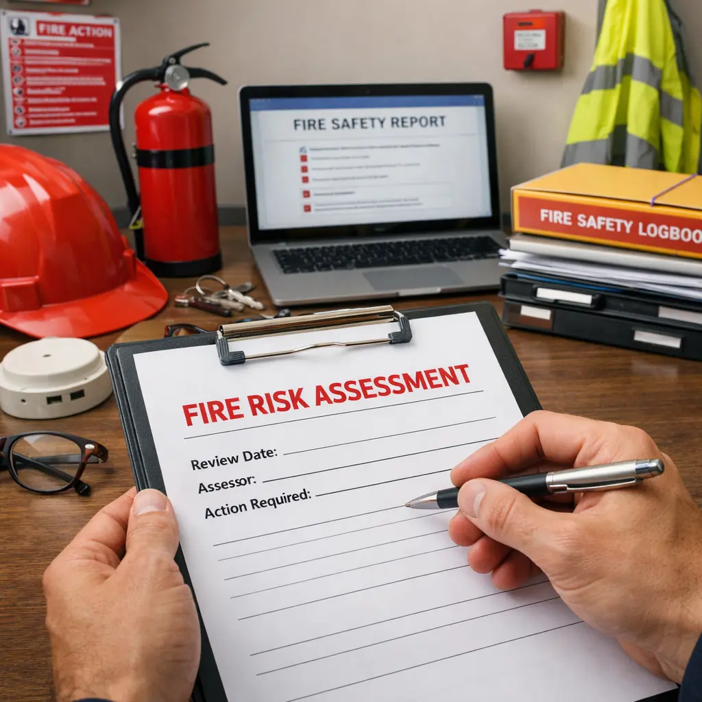 Assessor reviewing fire alarm and maintenance records with a building manager