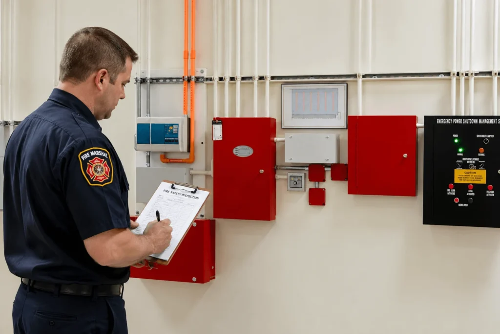 Fire risk assessor inspecting an escape route in a commercial building