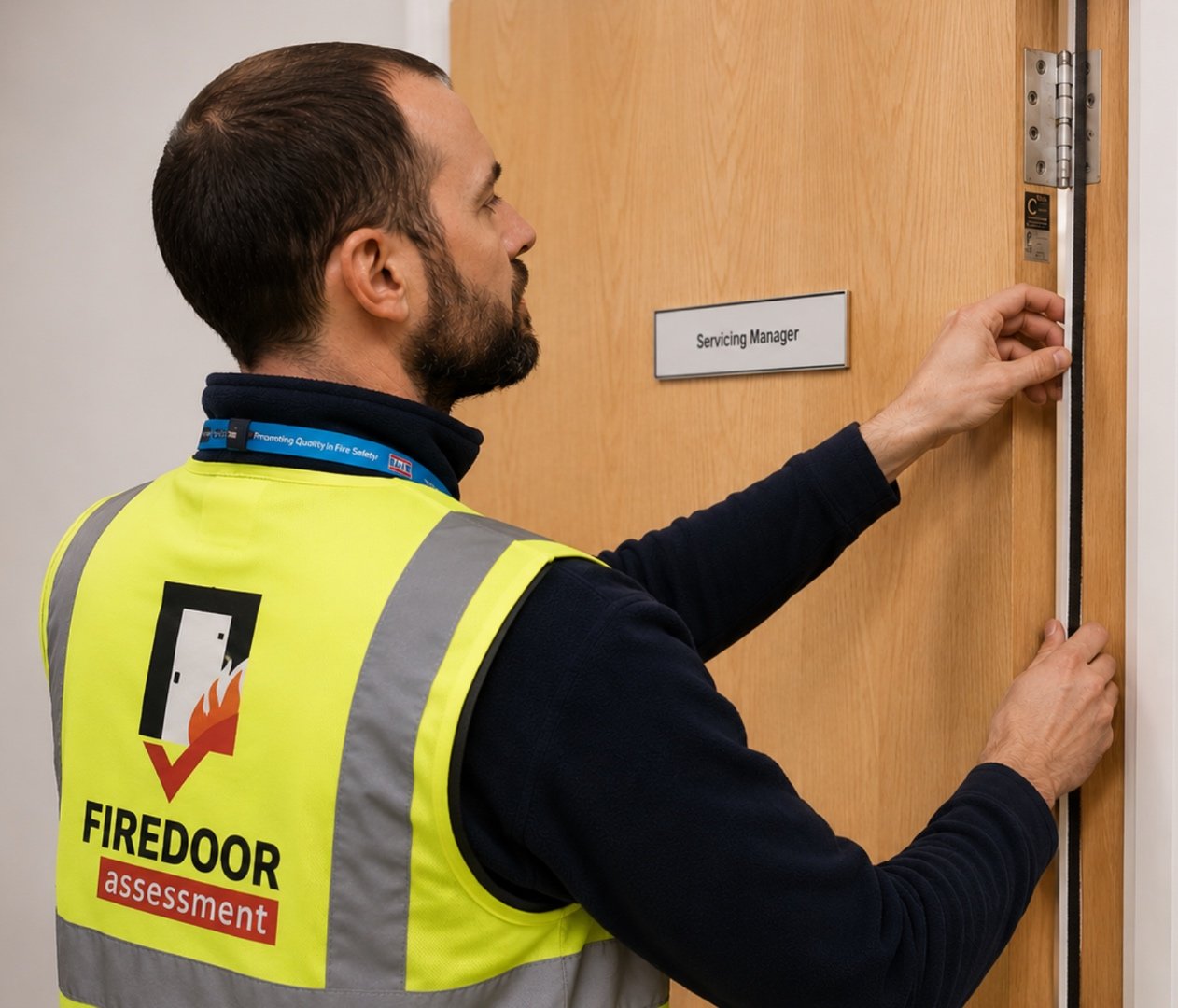 Close-up of fire door hinges and fixings