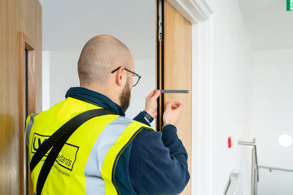 Fire safety professional inspecting a fire door in a UK commercial building